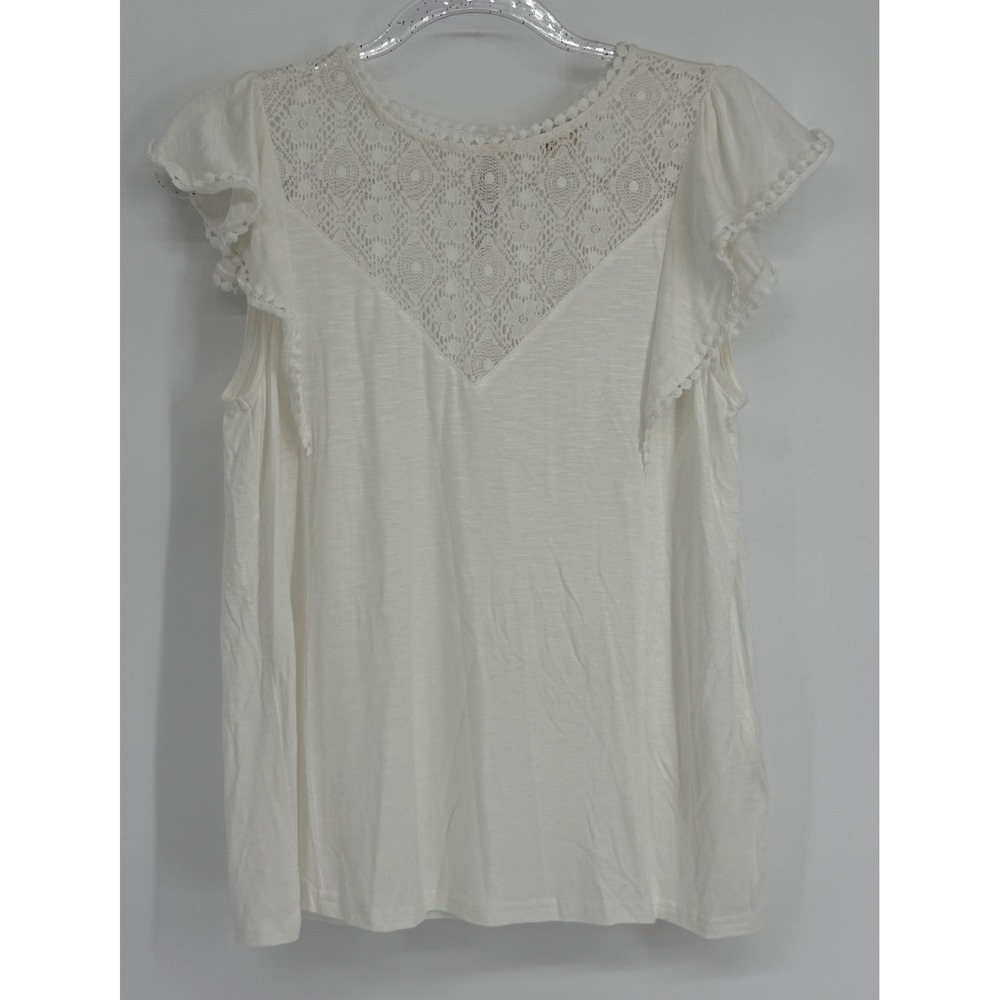 Greige Womens White Lace Yoke Ruffle Sleeve Pom Pom Blouse Top Sz M NEW Orig $59